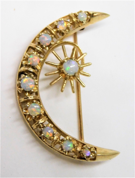 14kt Gold Crescent Brooch with Opals 