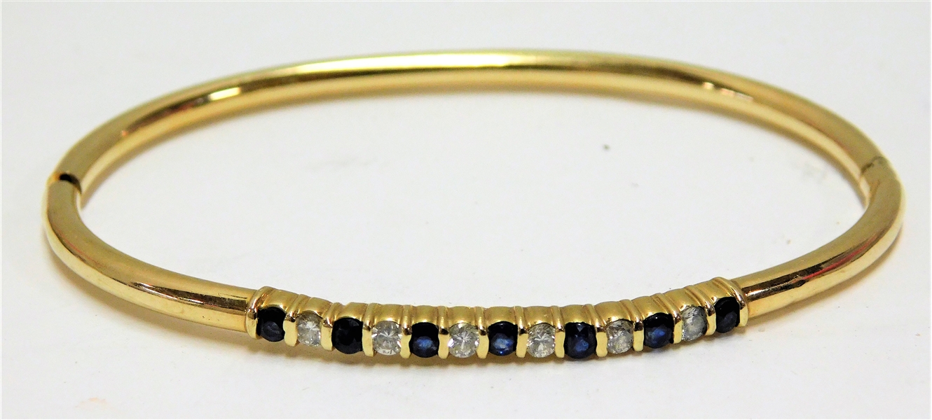 14kt Yellow Gold Bangle Bracelet with Diamonds and Sapphires  Signed Pine  - Dented