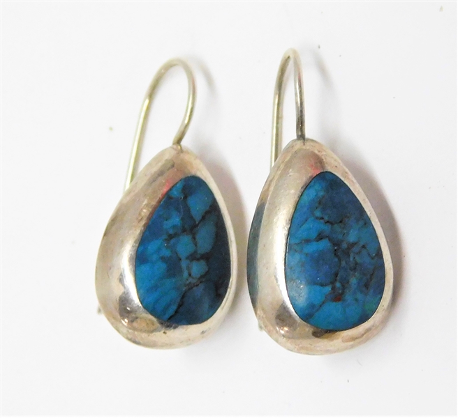 Sterling Silver Teardrop Shaped Earrings with Blue Stones Signed ATI 925 Mexico