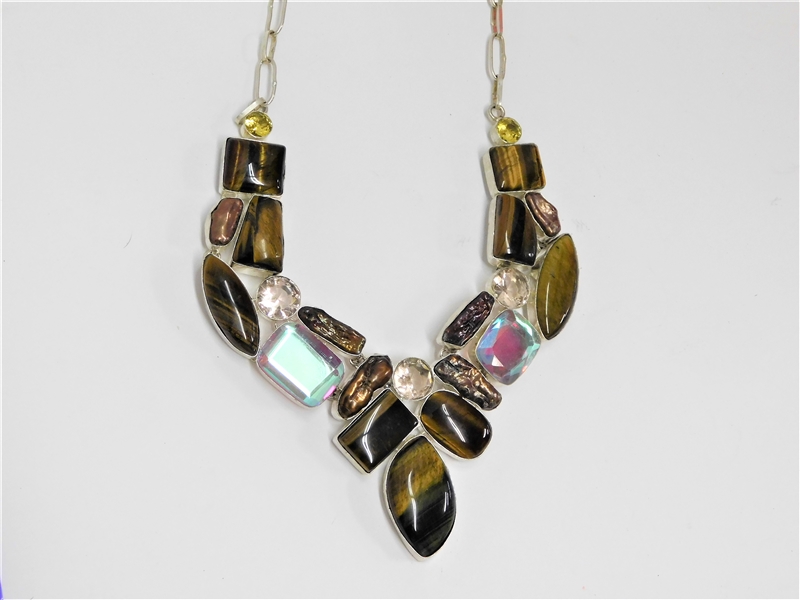 Beautiful Handmade Sterling Silver Statement Necklace with Tigers Eye and Pearls