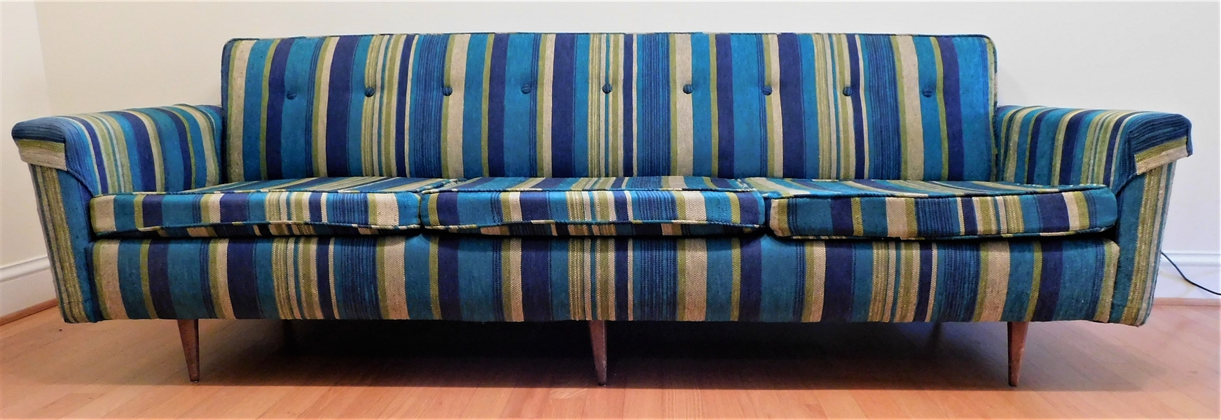 Vintage Blue and Green Sofa - Wood Legs - Button Tufted Back - 29" tall 88" by 31" -Arm Covers Attached