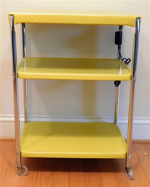 Yellow Metal Rolling Cart with Attached Outlet - 30"tall 22" by 16" - Some Paint Flaking on Top