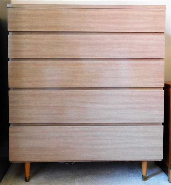 Mid-Century Modern Rway Laminate and Wood 5 Drawer  Chest with Original Brass Tag "The John Neter" - Wood Legs - 44 1/2" tall 38" by 20"
