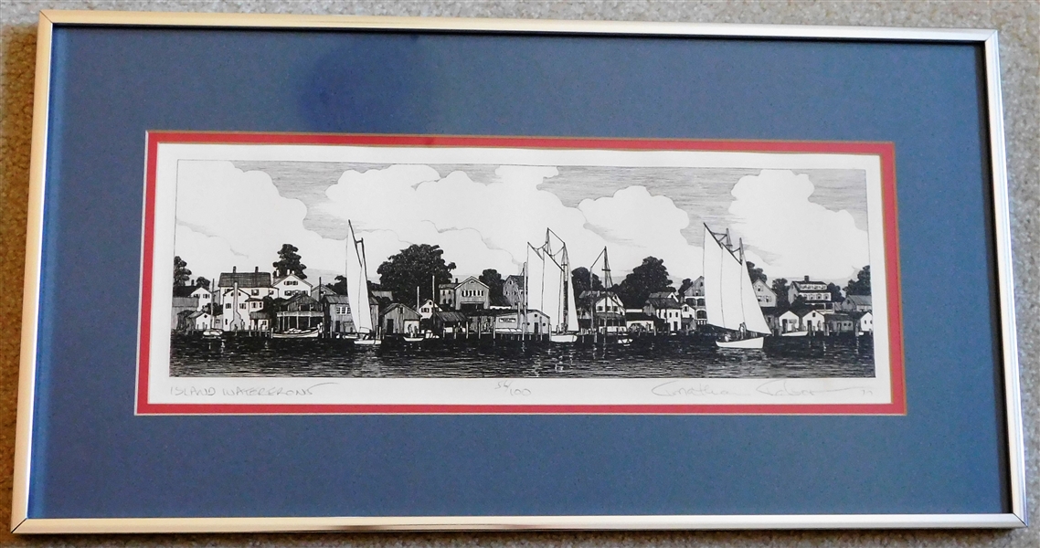 "Island Waterfront" Artist Signed and Numbered Etching- 56/100 - Framed and Matted - Frame Measures12 1/2" by 24 1/4"
