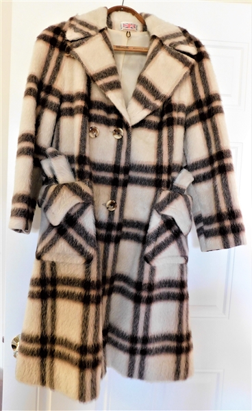 Made in England 100% Mohair Double Breasted Plaid Coat with Sash - Size Medium/Large 