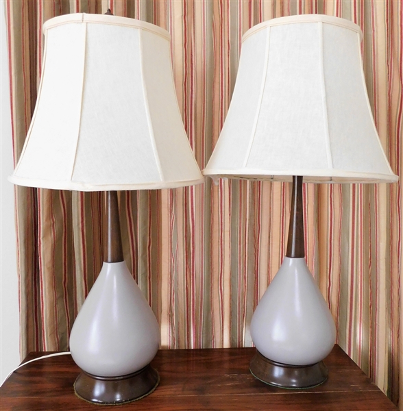 Pair of Retro Wood and Ceramic Table Lamps - 30 1/2" tall 