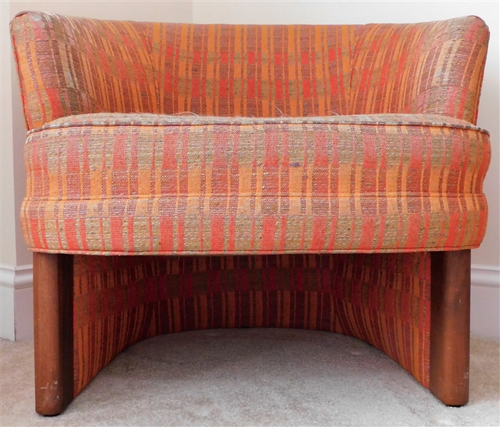 Retro Orange Tweed Barrel Back Chair- Fabric is Very Worn and Faded - Wood Details - Good Bones - 27" tall 28" by 29"