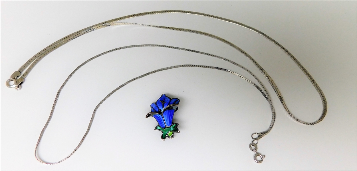 David Anderson Sterling Silver Enamel Flower Pin and 2 Sterling Silver Necklaces - Pin Measures 1"