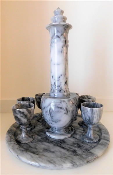 Marble Cocktail Set with Decanter, Cordials, and Tray - 1 Cup has Nick - 11" tall 