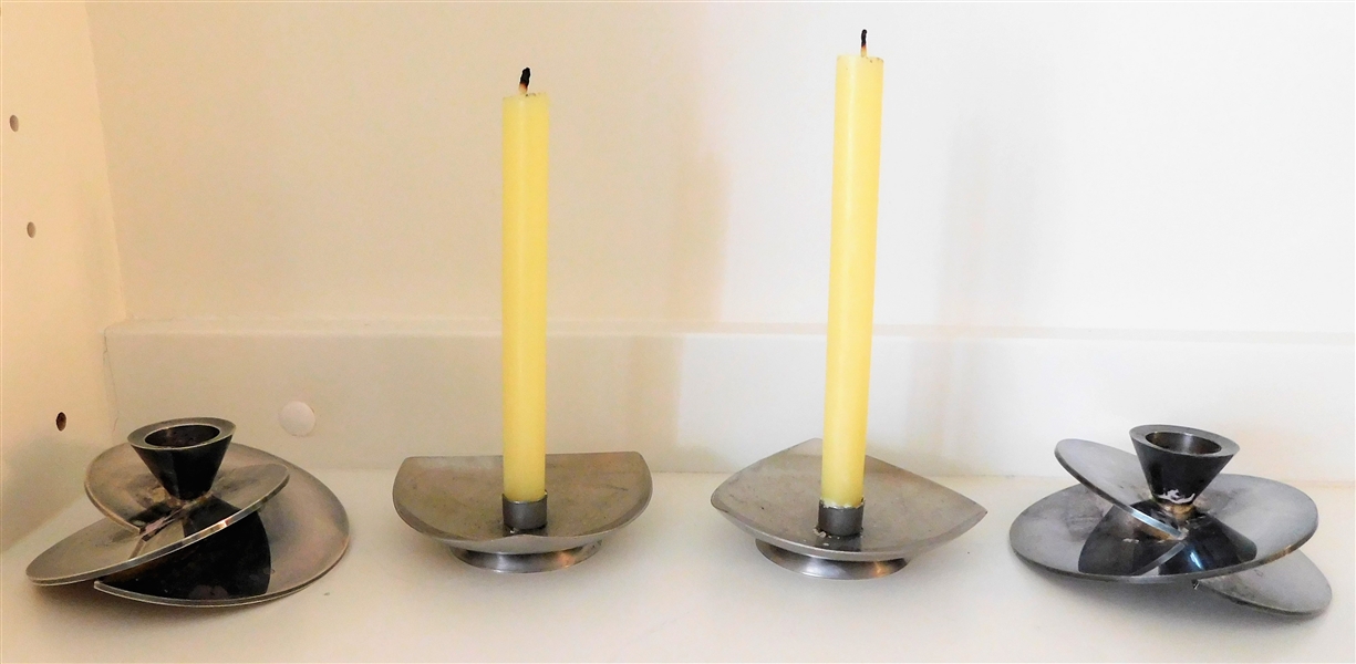Pair of Denmark Stainless Steel Candle Holders and Pair of Silverplate Candle Holders