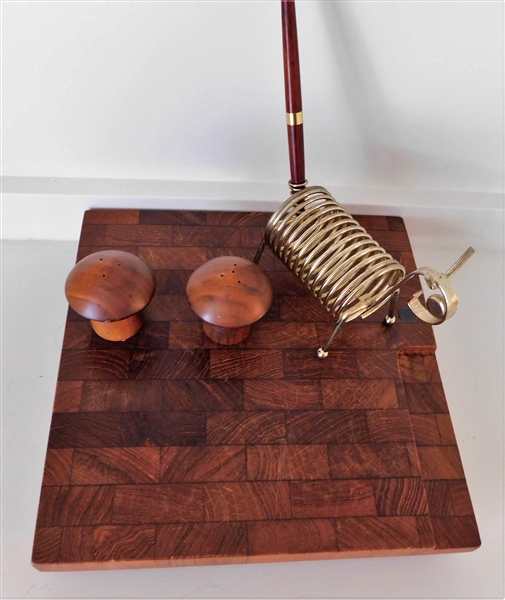 Teak Wood Cheese Board, Hand Carved Wood Mushroom Salt and Peppers, and Metal Animal Pen and Note Holder