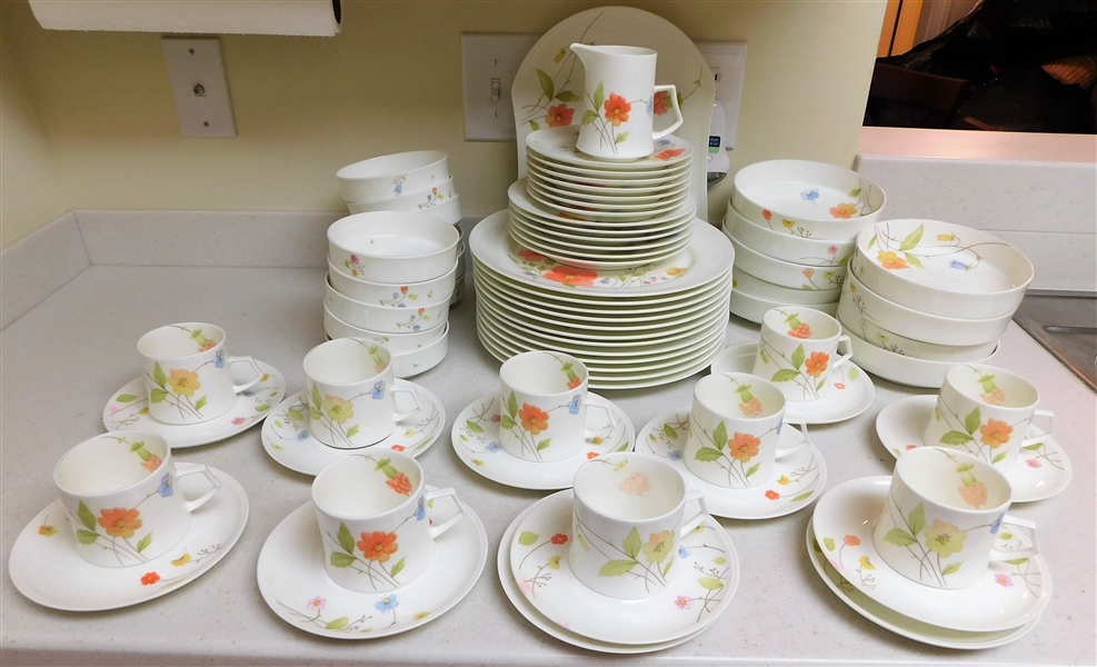 Mikasa Bone China "Just Flowers" Pattern - 69 Pieces including Platter, 2 Sizes of Bowls, Plates, Cup and Saucer Sets, and Creamer