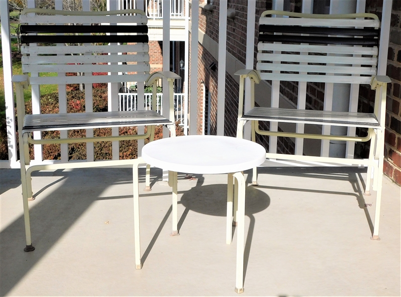 4 Plastic Strap Patio Chairs and 2 Round Fiberglass Tables - 3 Chairs Have Broken Straps