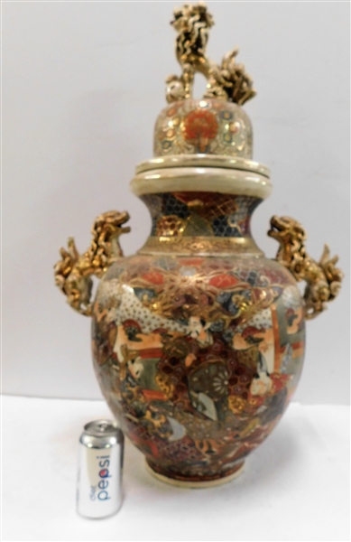 Massive Satsuma Urn with Lid - Foo Dog Finial and Handles - Has Been Repaired - 33" tall - Has Been Used as A Fountain