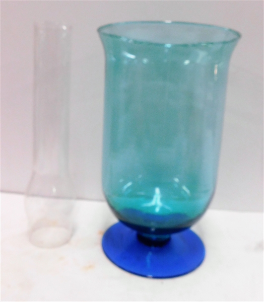 12" Hurricane Vase - Light and Dark Blue and Oil Lamp Chimney