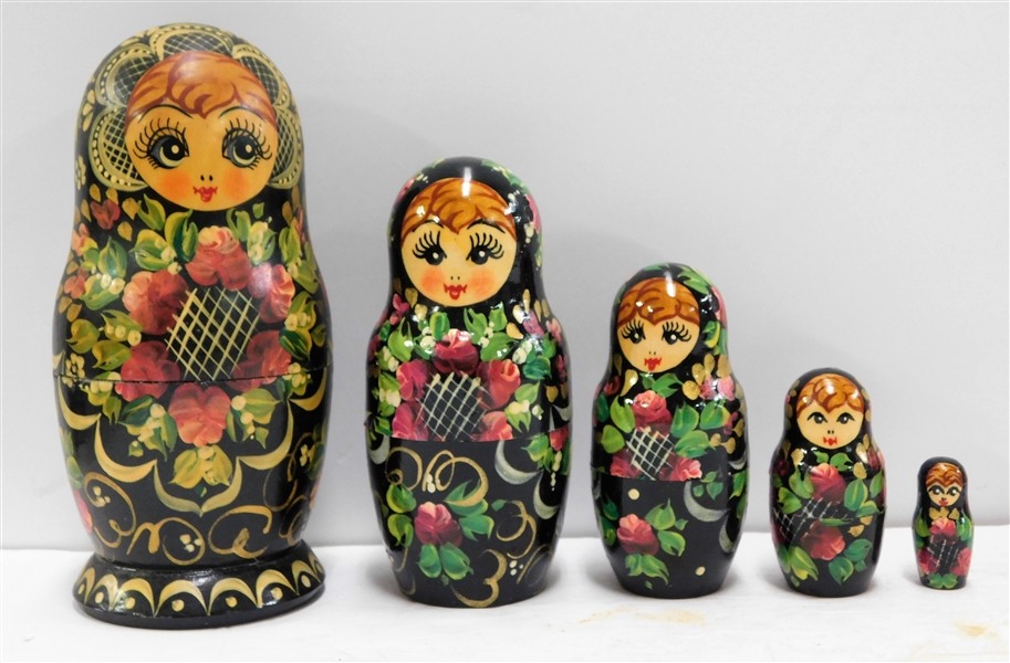 Hand Painted Wood Nesting Dolls - Black with Flower Decoration - Largest is 7" 
