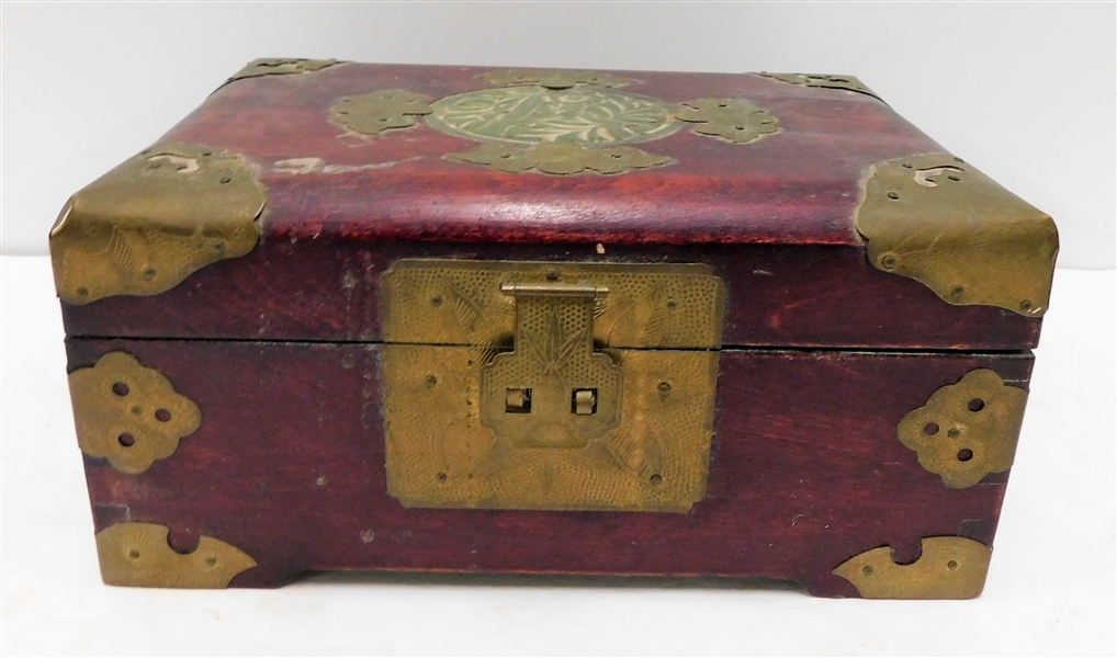 Brass Fitted Wood Jewelry Box - Hinge Needs to Be Re Attached - Red Lining - 4" tall 9" by 6"