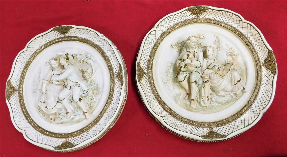 2 Abco Hand Painted Ceramic Plaques with Courting Scenes - 15" Across 