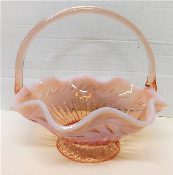 Pink Opalescent Glass Basket - 11" Across