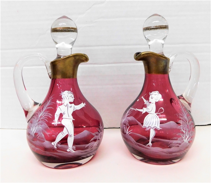 Pair of Cranberry Mary Gregory? Cruets with Gold Trim - 6" tall
