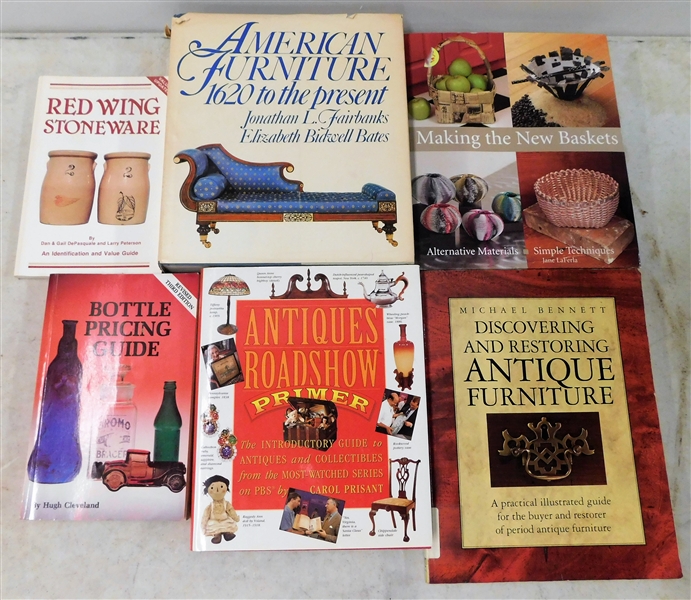 6 Collecting Books including Bottle Price Guide, American Furniture, Antiques Roadshow, and Redwing Stoneware 