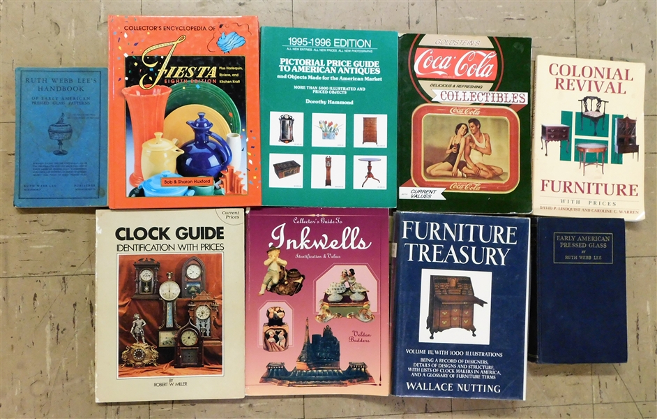 8 Antiques Books including Ruth Webb Lees Handbook of Early Pressed Glass, Furniture Treasury, Inkwells, Clocks ,and Fiesta Glass