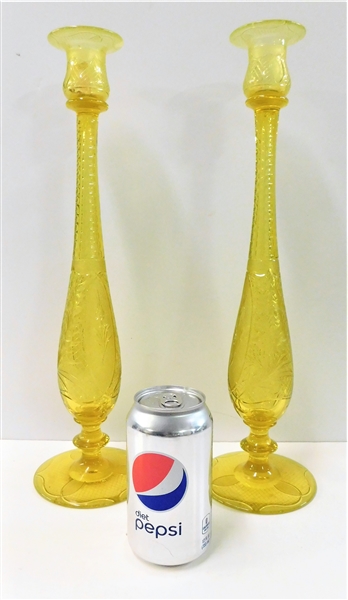Awesome Pair of Elegant Etched Vaseline Glass Candle Sticks - 16" tall 