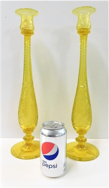 Awesome Pair of Elegant Etched Vaseline Glass Candle Sticks - 16" tall 
