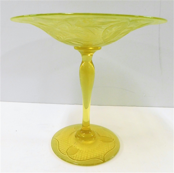 Awesome Elegant Etched Vaseline Glass Compote - 6" tall 