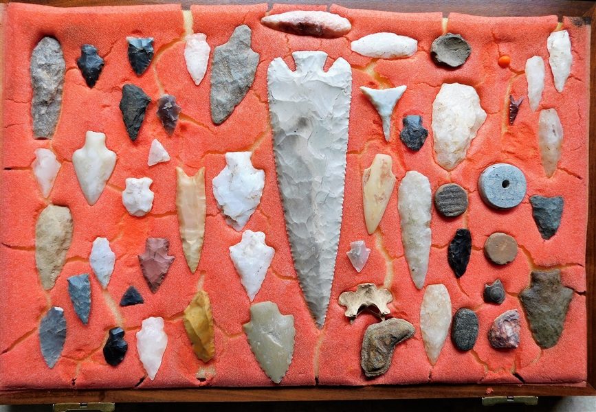 Wood Display Case of Indian Artifacts, Bones, Stones, Arrowheads, and Beads