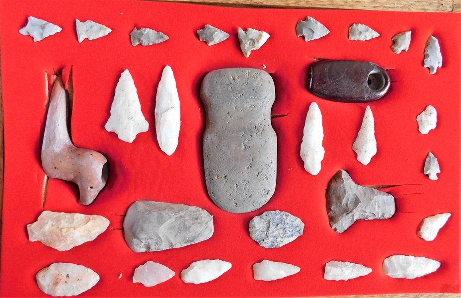 Wood Display Case of Indian Artifacts including Tomahawk, Arrowheads, and Pipes