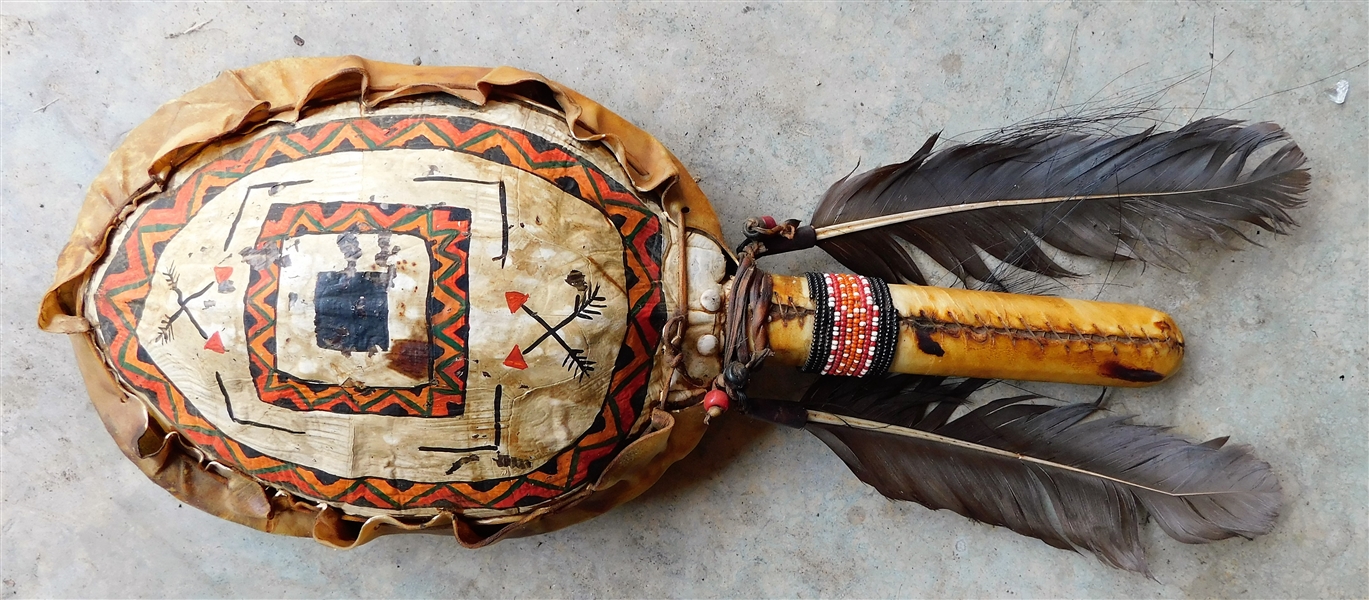 Buckskin and Turtle Shell Hand Painted Native American Rattle 