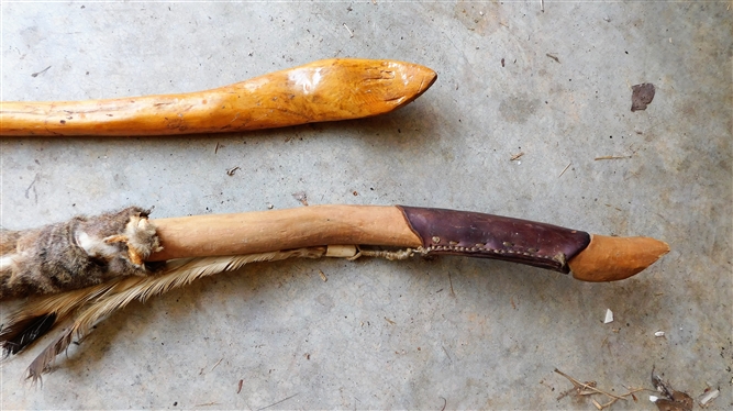 2 Native American Walking Sticks - Taller One Has Fur, Feathers, and Hide