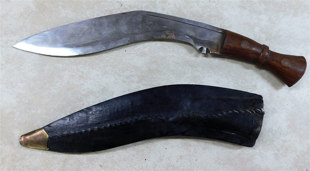 Large Curved Blade Knife with Wood Handle in Leather Covered Sheath with Sharpening Stone - 18" 