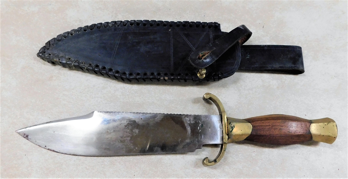 Large India Knife with Wood Handle in Leather Sheath - 13 1/2" Long - Some Discoloration to Blade