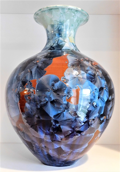 Awesome Large Phil Morgan Crystalline Pottery Vase - Seagrove, NC - Light Blue, Dark Blue, and Red - 13 1/4" tall - Signed Phill Morgan 1999