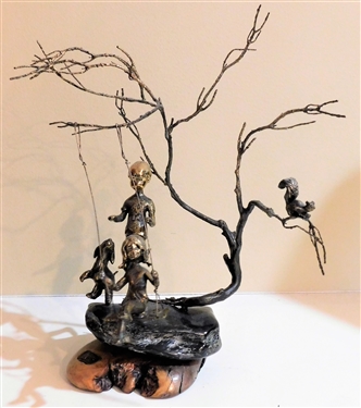 Bronze Statue by Malcolm Moran - California Artist - Featuring Bronze Figures of Children, Dog, Squirrel, and Tree - On Jade and Wood Base 12" Tall - Numbered 23/250