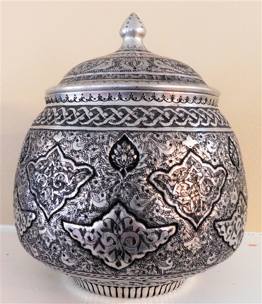Persian Silver Lidded Jar - Hand Engraved - 6" Tall 