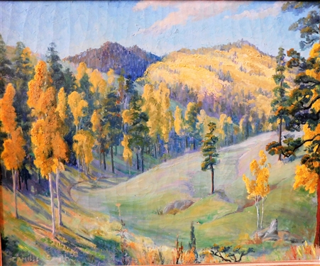 Texas and New Mexico Artist Camille Smith Oil on Canvas Painting of Trees and Field - Artist Born in 1892 -Canvas Measures 15 1/2" by 19" Frame Measures 21 1/2" by 25 1/2"
