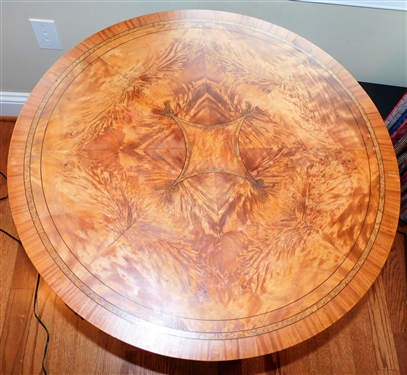 Beautiful Flame and Tiger Maple Table with Bellflower and Brass Diamond and Bow Inlay -Burl Inlay Around Edges - 27 3/4" tall 28" Across