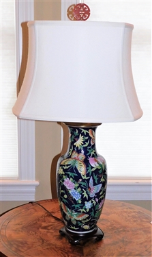 Butterfly and Flower Vase Style Table Lamp with Jade Finial - Wood Base - 33" total Height