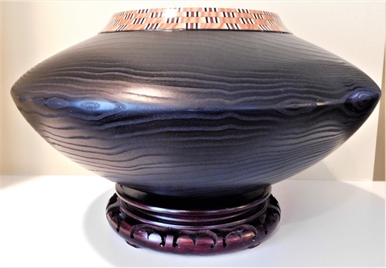 Kevin Fleming "Shadow Series Vessel" Catalpa, Tulipwood, Holly, Ebony and Redheart Vessel - 8" tall 16" Across - Without Stand