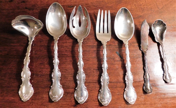 7 Gorham "Strasbourg" Sterling Silver Serving Pieces including Gravy Ladle, Sugar Spoon,  Master Butter, Serving Spoon & Fork, and Slotted Spoon