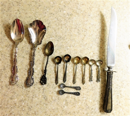 2 Gorham "Strasbourg" Sterling Silver Spoons, Sterling Souvenir Spoon, 8 Sterling Salt Spoons, and Sterling Handled Knife