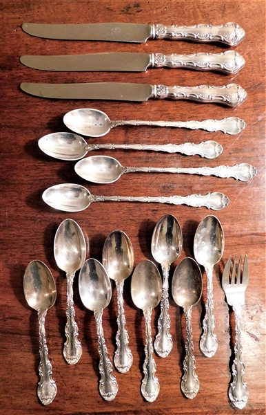 Lot of 16 Pieces of Gorham "Strasbourg" Sterling Silver including 3 Dinner Knives, 4 Iced Tea Spoons, 8 Tea Spoons, and 1 Salad Fork 