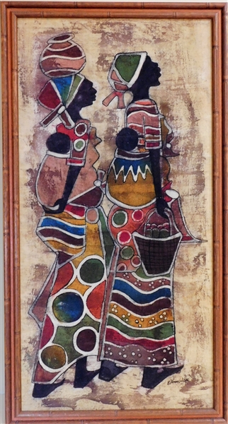 E. Hommuddu - Ghana, West African Batik Printing on Linen - Framed - Frame Measures 34" by 18 1/4"
