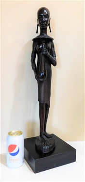 Kenyan Masai Iron Wood Carving - Woman Holding Vessel - Finely Carved 24" Tall