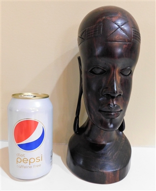 Kenyan Iron Wood Carved Bust - Intricately Carved Head Band - 10 1/4" - Base Measures 4 3/4" 