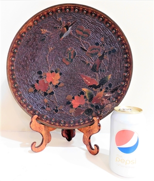 Asian Champleve Enameled Copper Plate with Birds and Flowers - Some Enamel Loss on Edge and 1 Flower -12" Across