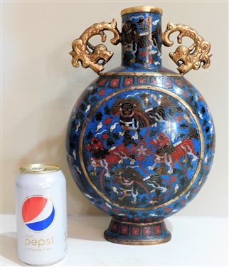 Cloisonné Vase with Foo Dogs and Dragon Handles - 13" tall 
